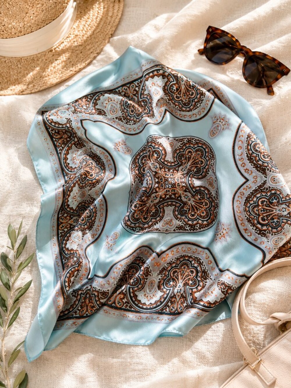 Light Aqua Blue Paisley Print Square Satin Scarf 28" Silky Neck Hair Scarf
